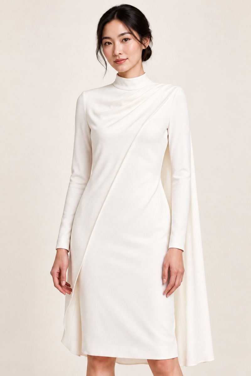 White Mock-Neck Cape Dress — Neckline and drape detail