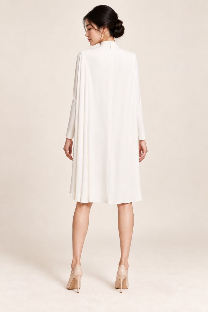 White Mock-Neck Cape Dress — Back view