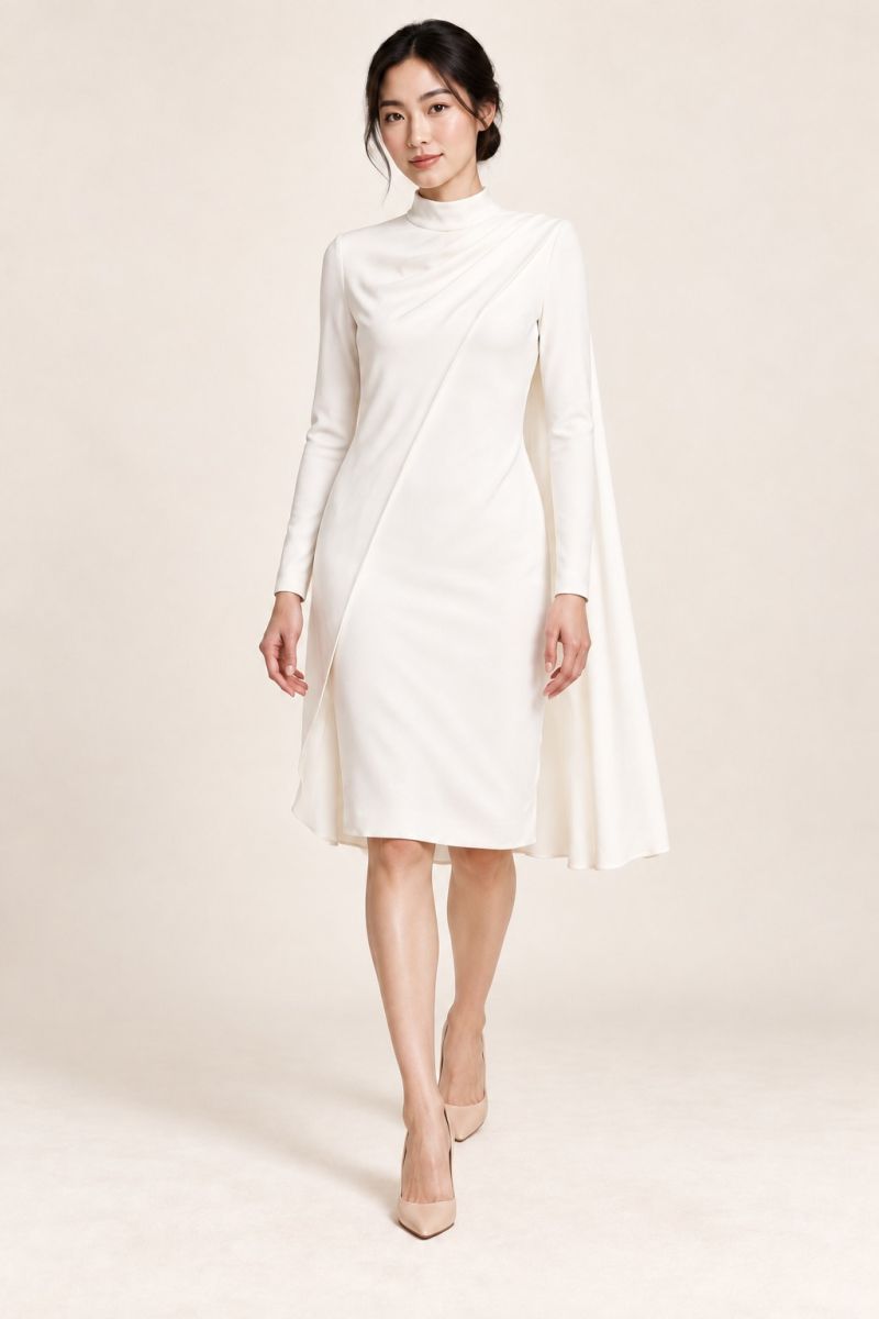 White Mock-Neck Cape Dress — Gentle step forward