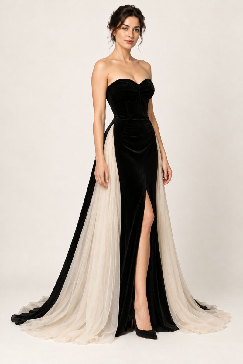 Black and Ivory Sweetheart Gown — slight three-quarter front