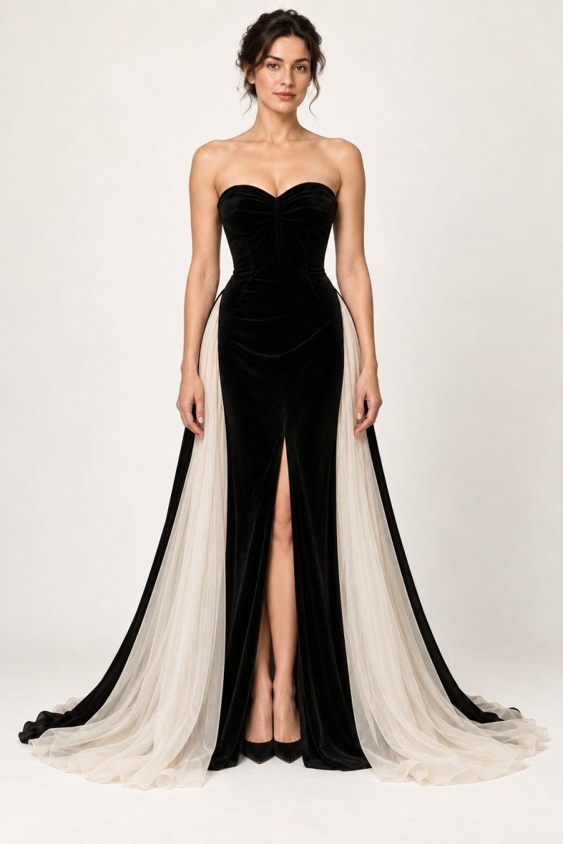 Black and Ivory Sweetheart Gown — front with one foot forward