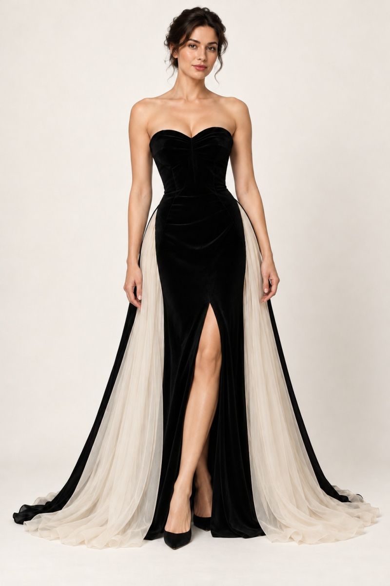 Black and Ivory Sweetheart Gown — relaxed front view