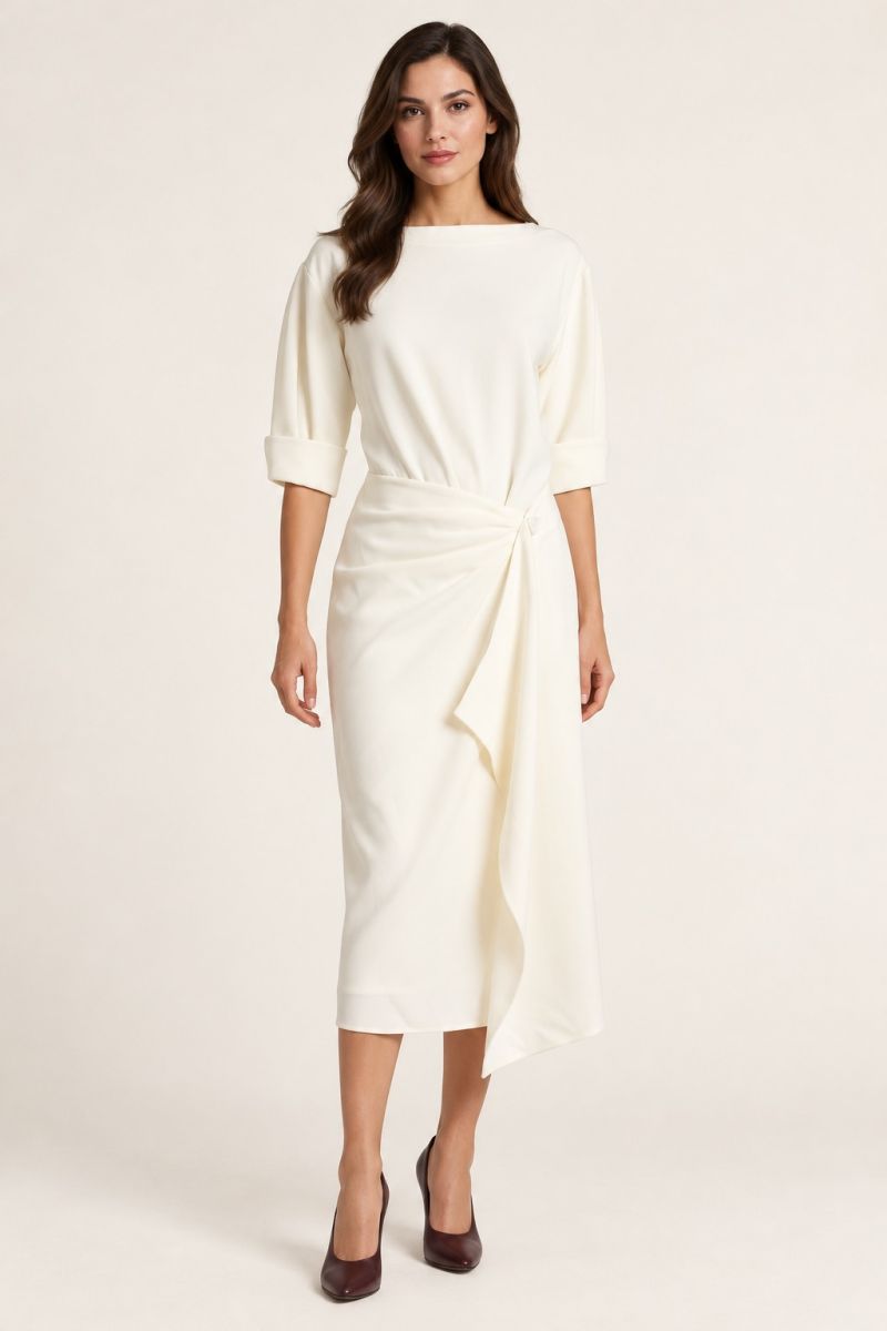 Ivory Draped Wrap Midi Dress — Front view