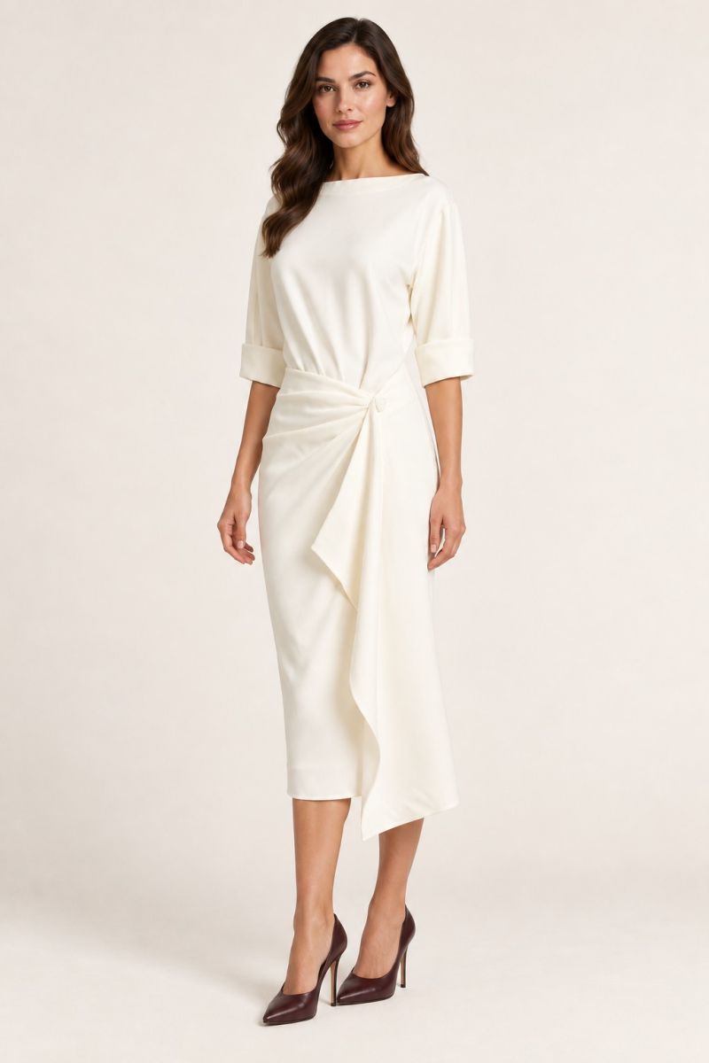 Ivory Draped Wrap Midi Dress — Three-quarter front view