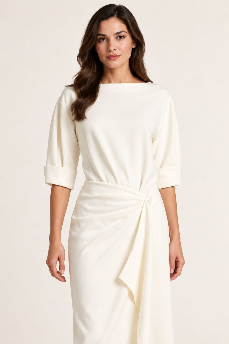 Ivory Draped Wrap Midi Dress — Closer front view