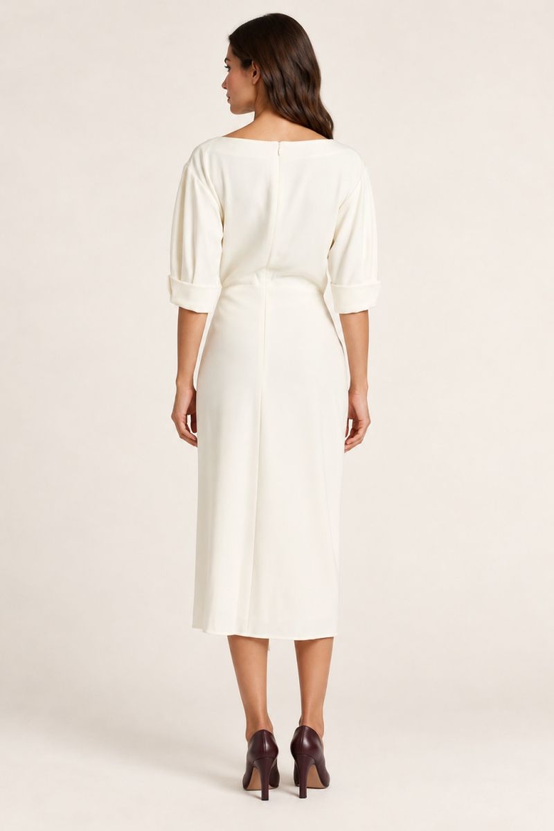 Ivory Draped Wrap Midi Dress — Back view