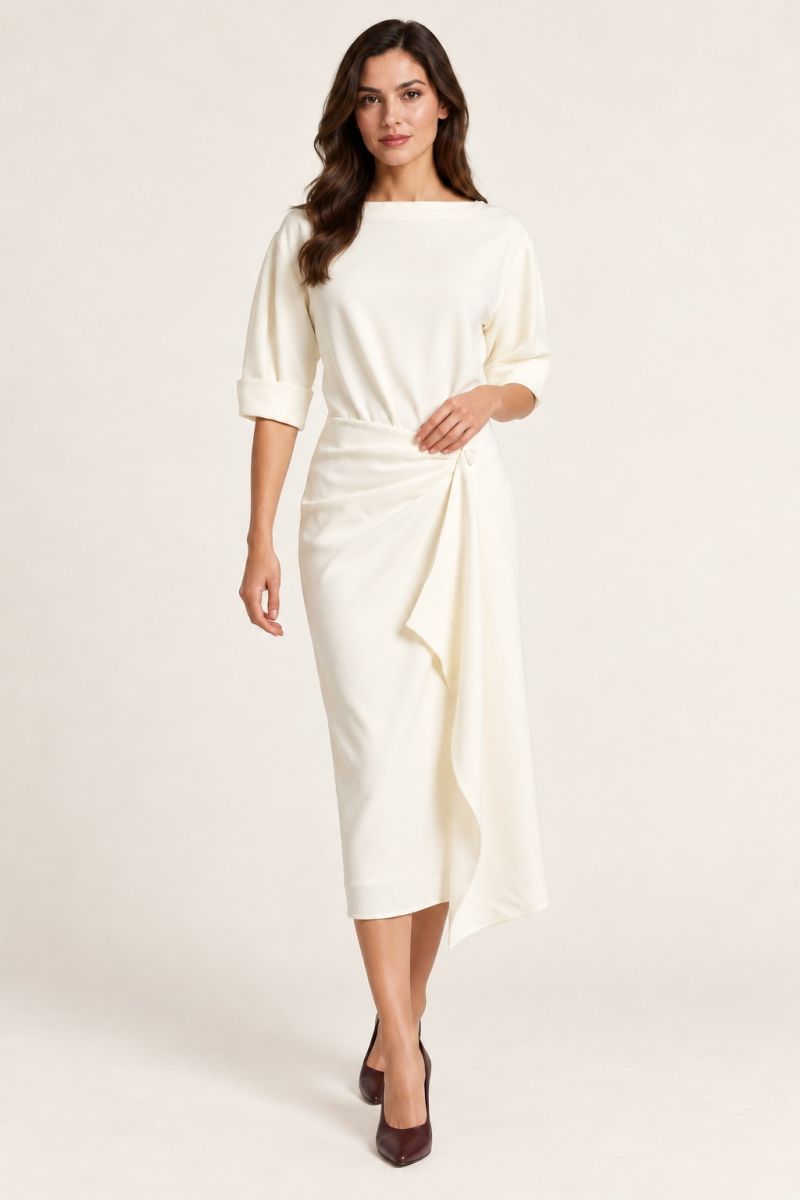Ivory Draped Wrap Midi Dress — Alternative full-length pose