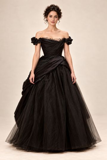 Black draped ball gown — front full-length view