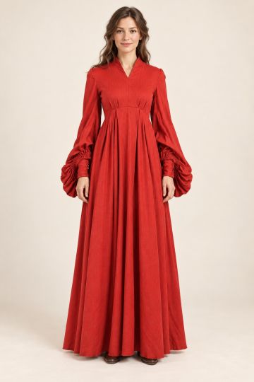 Red Raised-Waist Long-Sleeve V-Neck Evening Gown