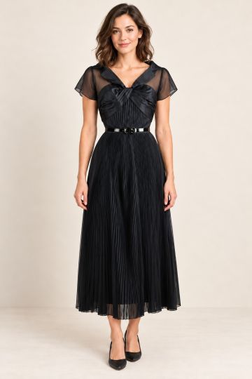 Black Lapel-Collar Pleated Midi Cocktail Dress
