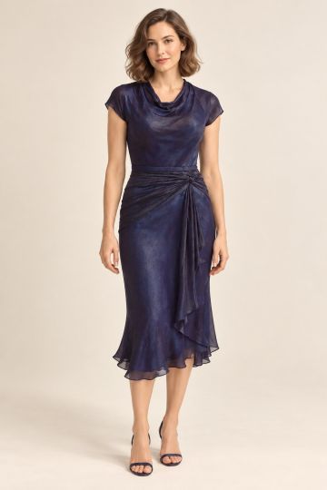 Blue-Violet Cowl Midi Dress — front view