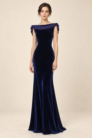 Navy Pleated-Neck Evening Gown
