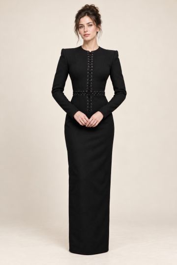 Black Lace-Up Long-Sleeve Column Gown