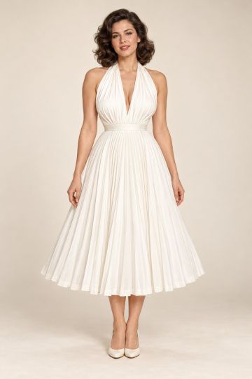 Ivory Pleated Halter Midi Dress
