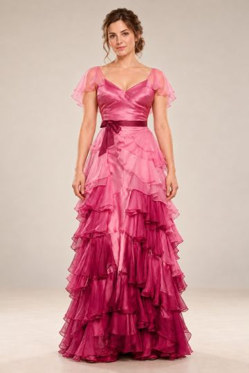 Pink layered ruffle ball gown — front full-length view
