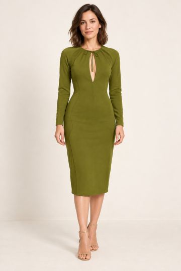 Green Tie-Neck Keyhole Long-Sleeve Midi Dress
