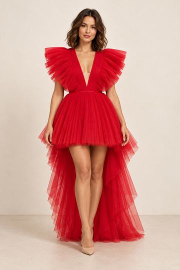 Red Pleated High-Low Gown — front view