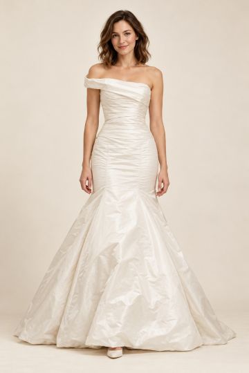 Off-Shoulder Fit-and-Flare Wedding Gown — front view