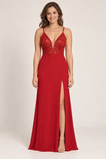 Red Embroidered-Bodice V-Neck Slit Evening Gown