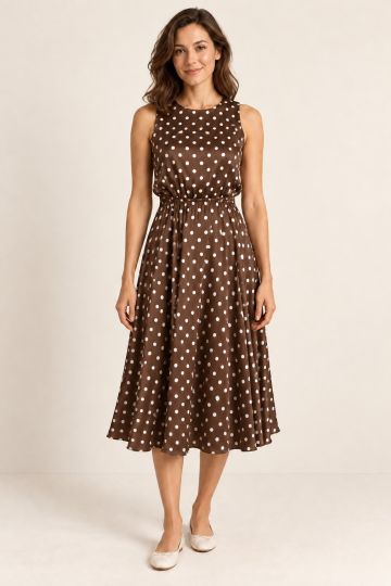Brown Polka-Dot Midi Dress
