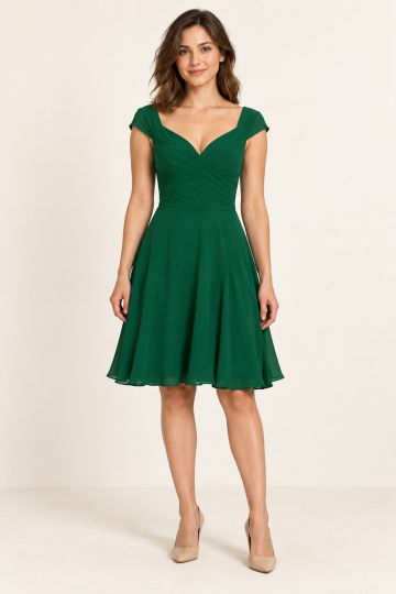 Jade-Green V-Neck Cap-Sleeve Knee-Length Party Dress