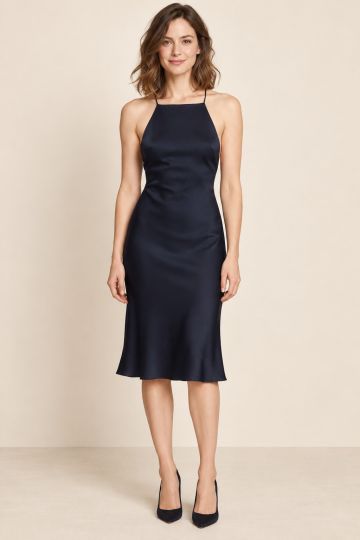 Navy High-Neck Cross-Back Dress