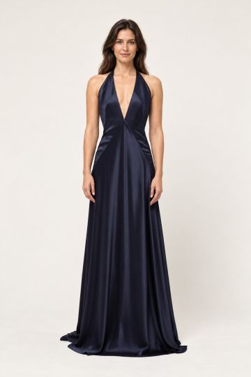 Navy halter evening dress — front full-length view