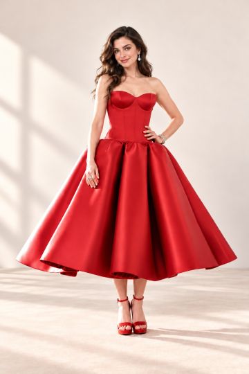 Red strapless corset midi dress, full front view
