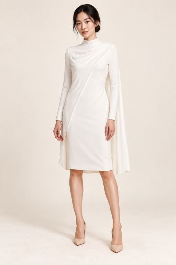 White Mock-Neck Cape Dress
