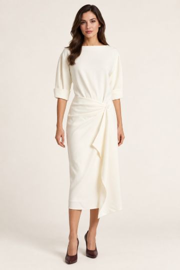 Ivory Draped Wrap Midi Dress